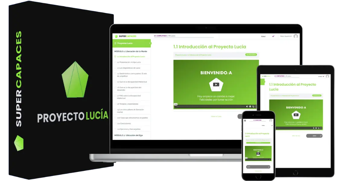 Mockup completo del curso Proyecto Lucía, para padres con hijos con discapacidad