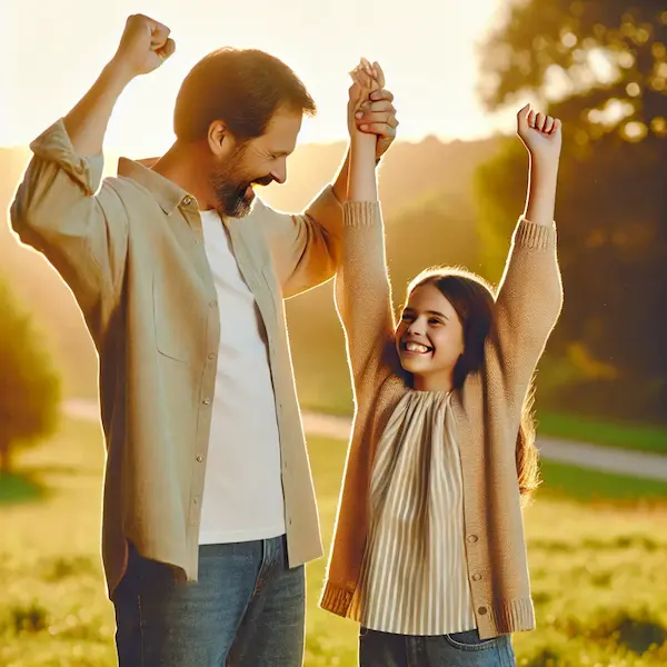 Padre junto a su hija levantando los brazos